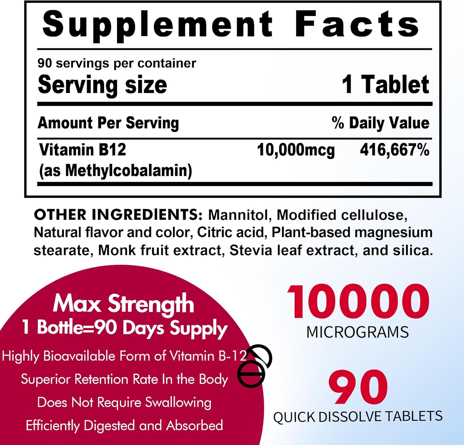 Methylated Vitamin B12 Sublingual 10,000 mcg - Energy & Brain Health Support - Fast Dissolve Strawberry Flavor - 270 Servings