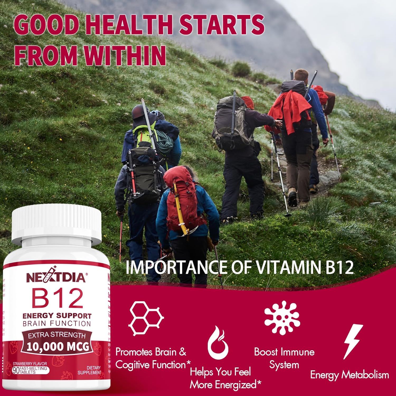 Methylated Vitamin B12 Sublingual 10,000 mcg - Energy & Brain Health Support - Fast Dissolve Strawberry Flavor - 270 Servings