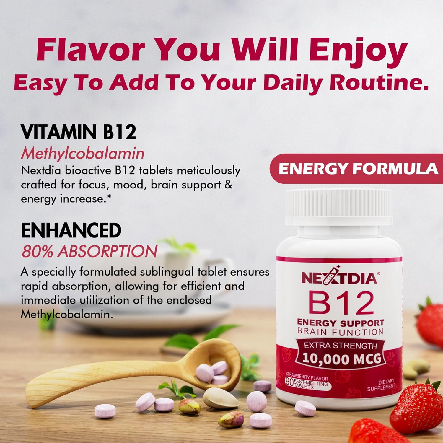 Methylated Vitamin B12 Sublingual 10,000 mcg - Energy & Brain Health Support - Fast Dissolve Strawberry Flavor - 270 Servings