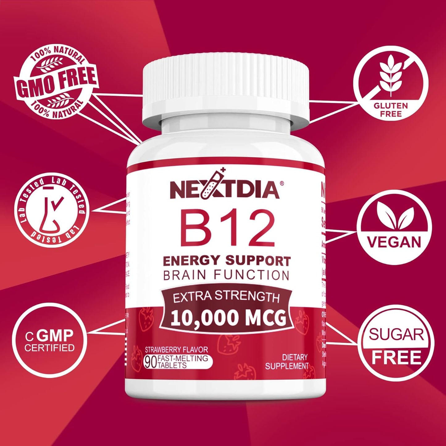 Methylated Vitamin B12 Sublingual 10,000 mcg - Energy & Brain Health Support - Fast Dissolve Strawberry Flavor - 270 Servings