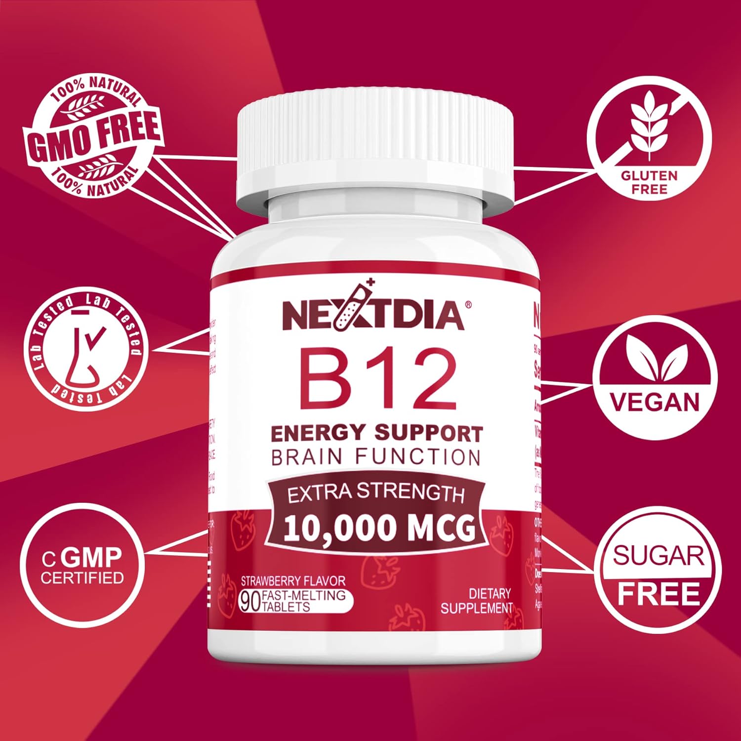 Methylated Vitamin B12 Sublingual 10,000 mcg - Energy & Brain Health Support - Fast Dissolve Strawberry Flavor - 270 Servings