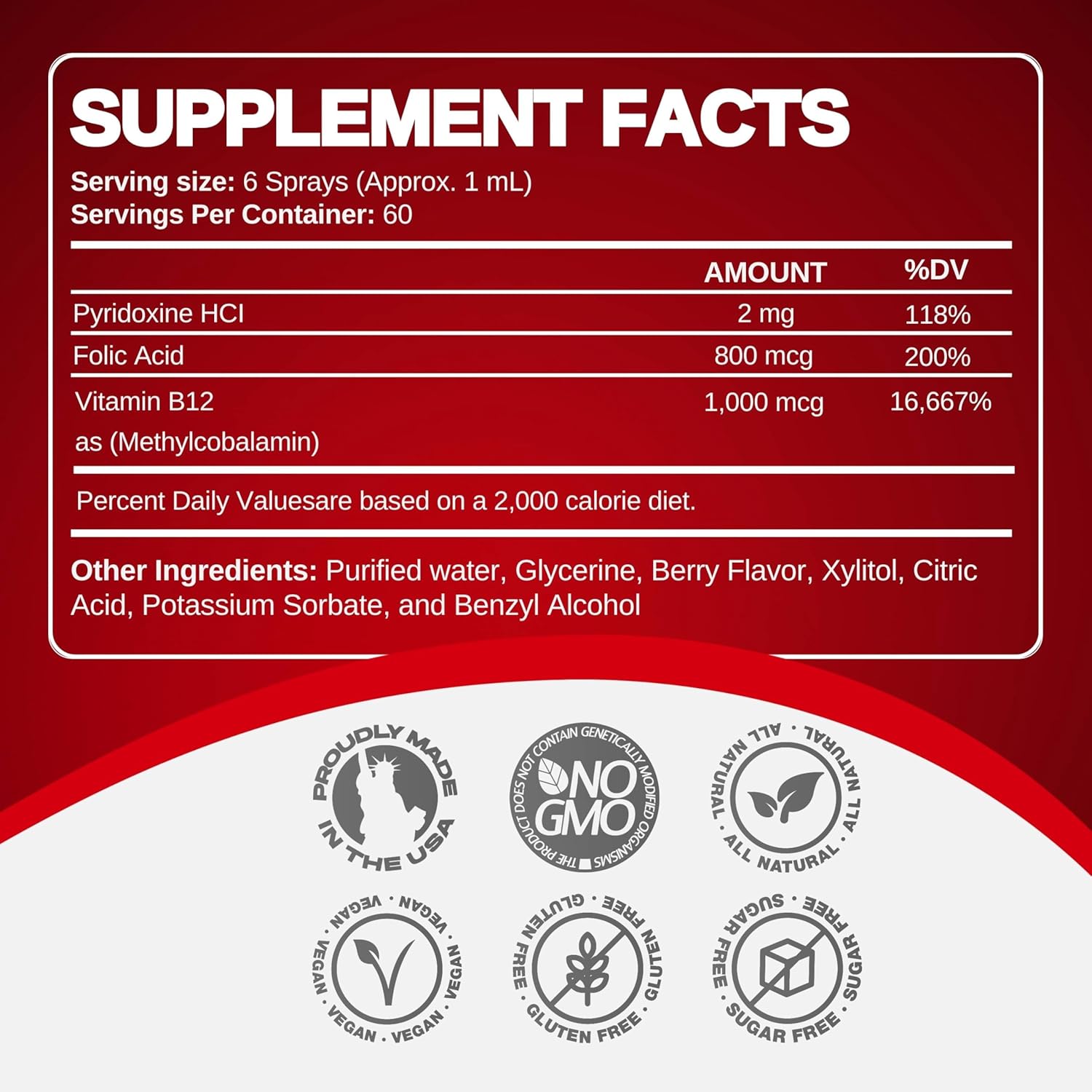 Methylcobalamin & Folic Acid Energy Spray for Focus & Metabolism - Nano Technology Absorption - 2 oz, 60 Servings