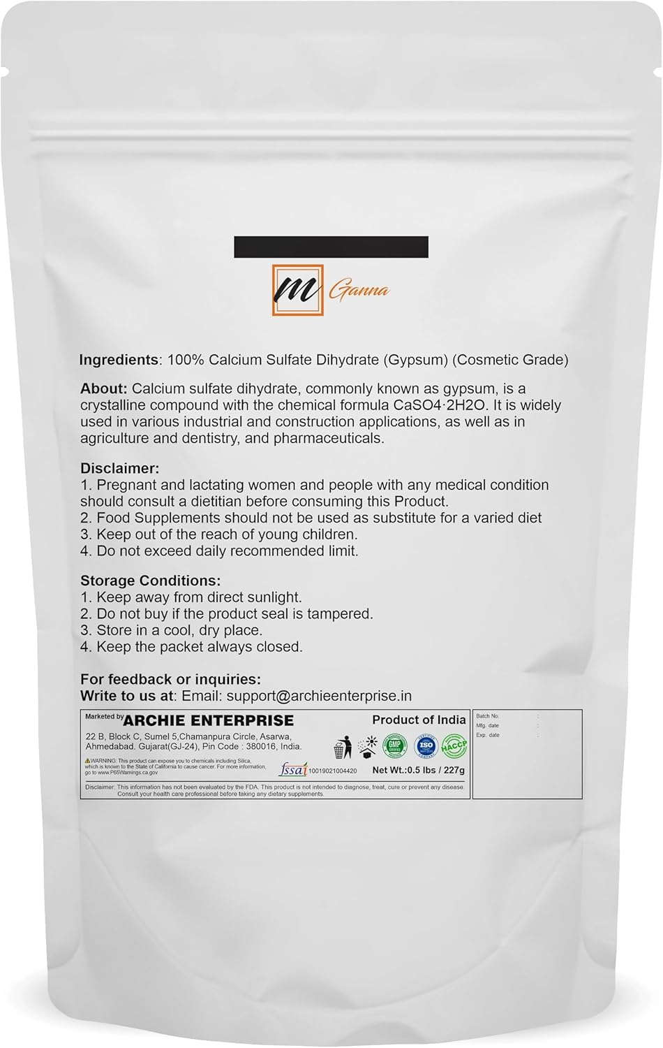 mGanna Food Grade Gypsum Powder 0.5 lbs - Pure Calcium Sulfate Dihydrate for Baking, Water Treatment, & Cosmetics