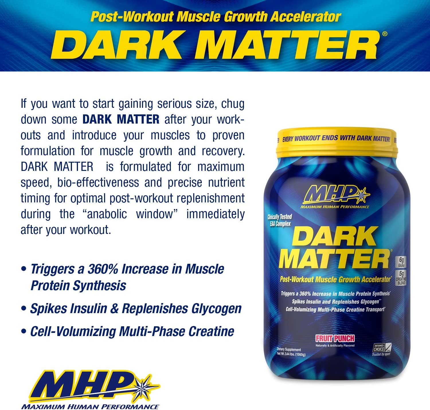 MHP Dark Matter Post Workout Recovery Accelerator with Multi Phase Creatine, Waxy Maize Carbohydrate, 6g EAAs, Fruit Punch - 20 Servings