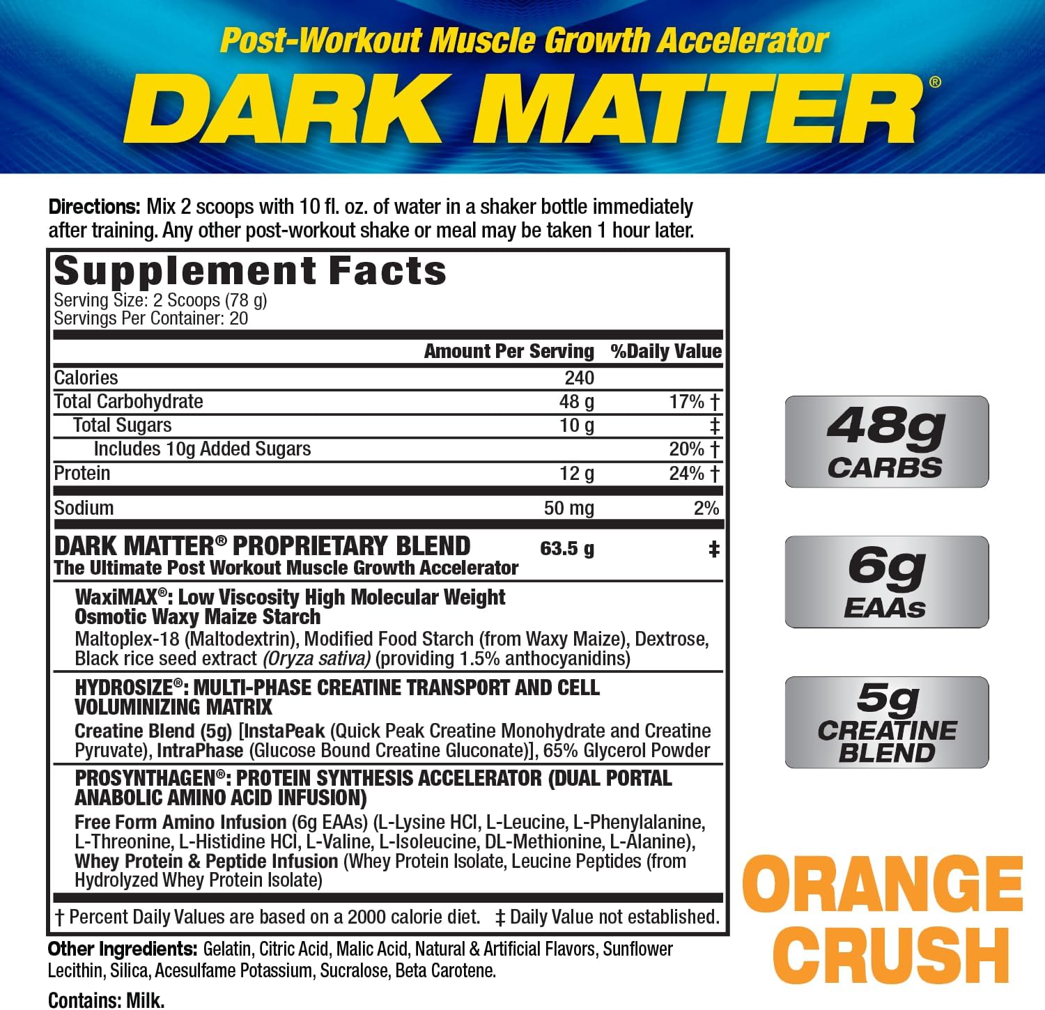 MHP Dark Matter Post Workout Recovery Accelerator with Multi-Phase Creatine - Orange Crush, 20 Servings