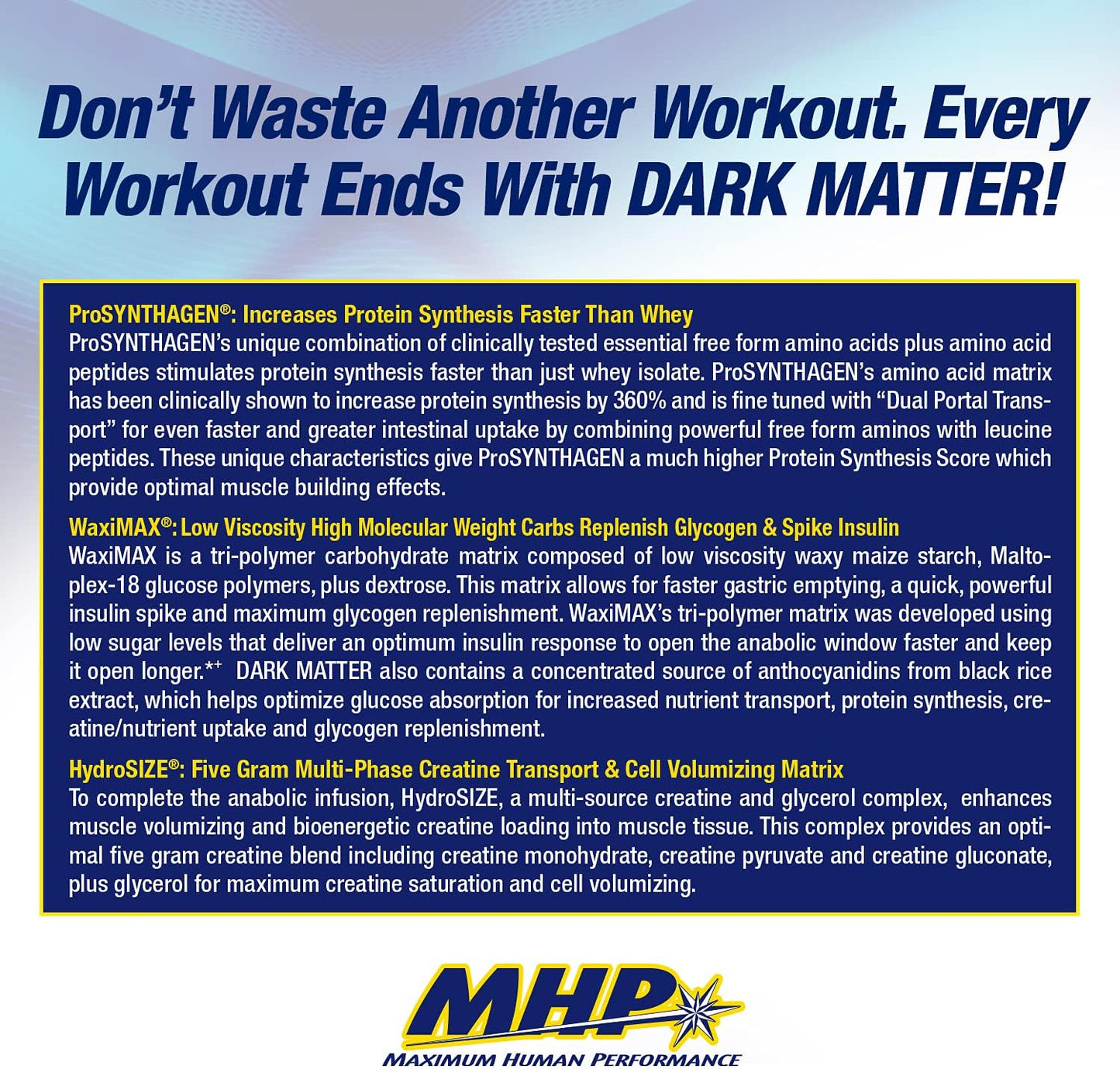 MHP Dark Matter Post Workout Recovery Accelerator with Multi Phase Creatine, Waxy Maize Carbohydrate, 6g EAAs, Fruit Punch - 20 Servings