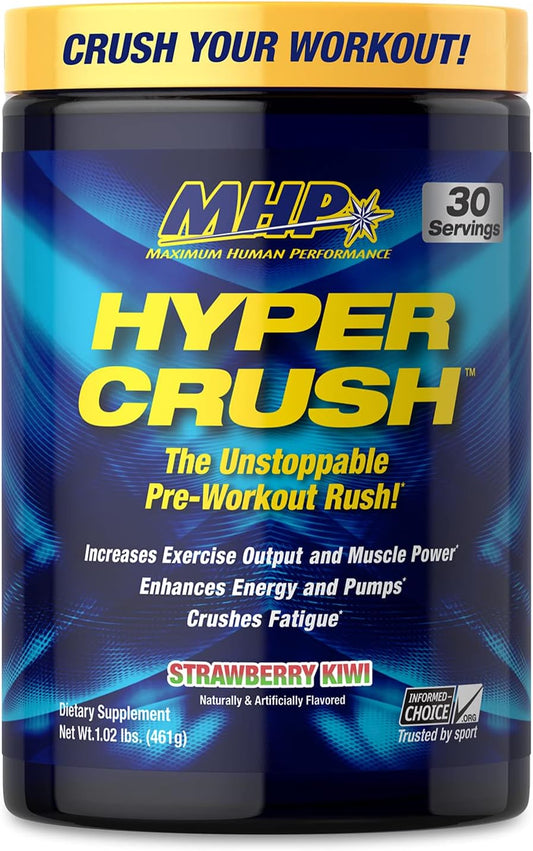 MHP Hyper Crush Pre Workout Powder - Boosts Energy, Muscle Pump, Power, Fights Fatigue - Creatine, Beta Alanine, Nitric Oxide, Citrulline, AKG - Strawberry Kiwi, 30 Servings