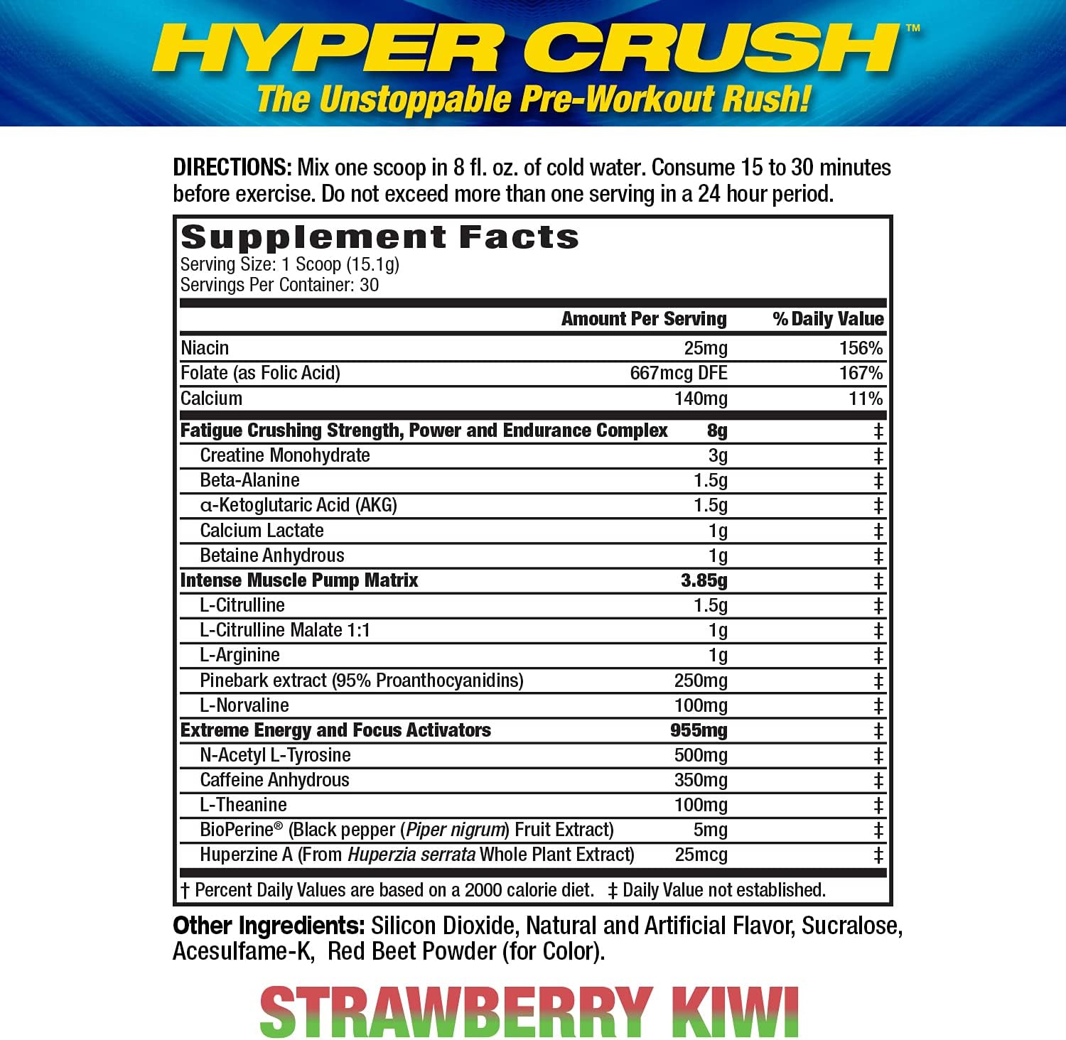 MHP Hyper Crush Pre Workout Powder - Boosts Energy, Muscle Pump, Power, Fights Fatigue - Creatine, Beta Alanine, Nitric Oxide, Citrulline, AKG - Strawberry Kiwi, 30 Servings