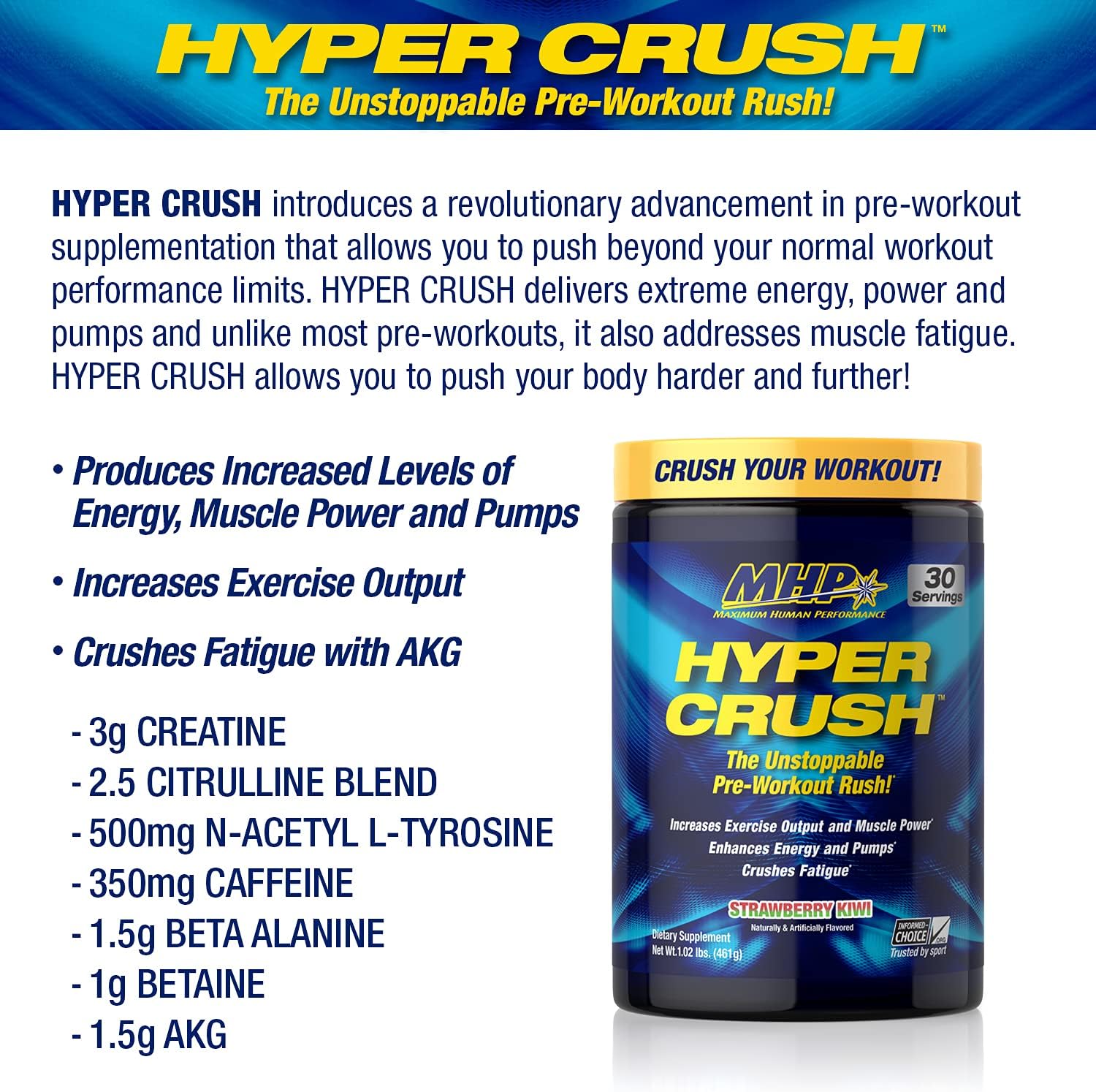 MHP Hyper Crush Pre Workout Powder - Boosts Energy, Muscle Pump, Power, Fights Fatigue - Creatine, Beta Alanine, Nitric Oxide, Citrulline, AKG - Strawberry Kiwi, 30 Servings