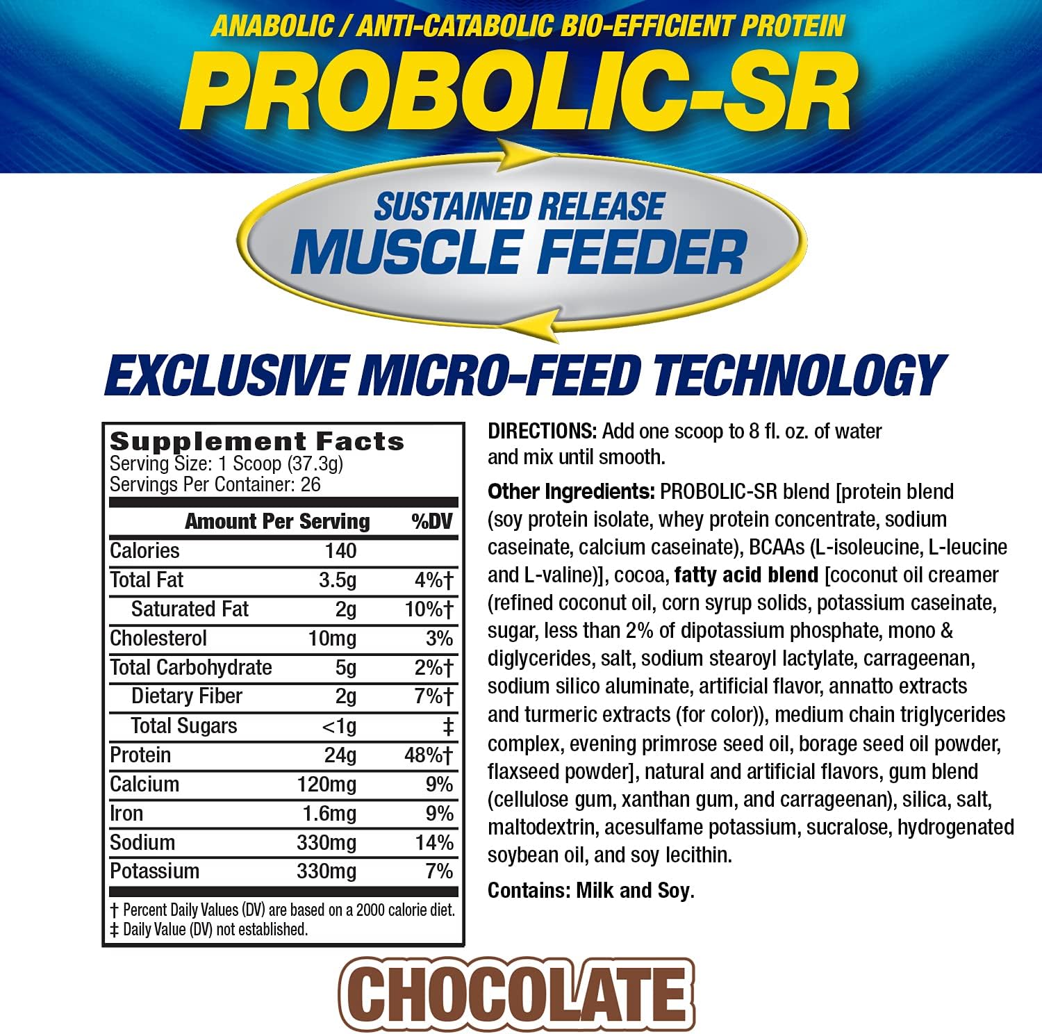 MHP Probolic-SR Sustained Release Chocolate Protein Powder - 24g Protein, BCAAs, Glutamine, Arginine - Pre/Post Workout, Nighttime - 2lbs, 26 Servings