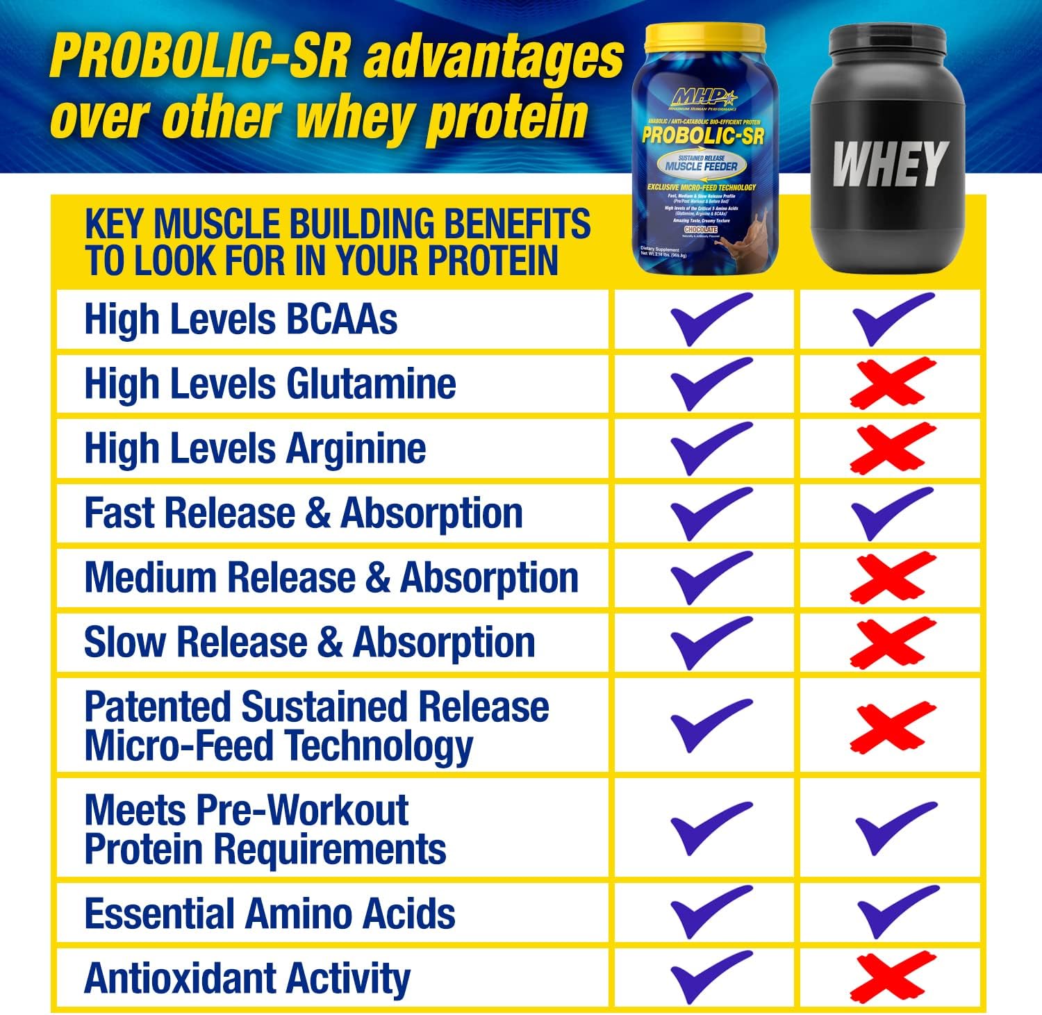 MHP Probolic-SR Sustained Release Chocolate Protein Powder - 24g Protein, BCAAs, Glutamine, Arginine - Pre/Post Workout, Nighttime - 2lbs, 26 Servings