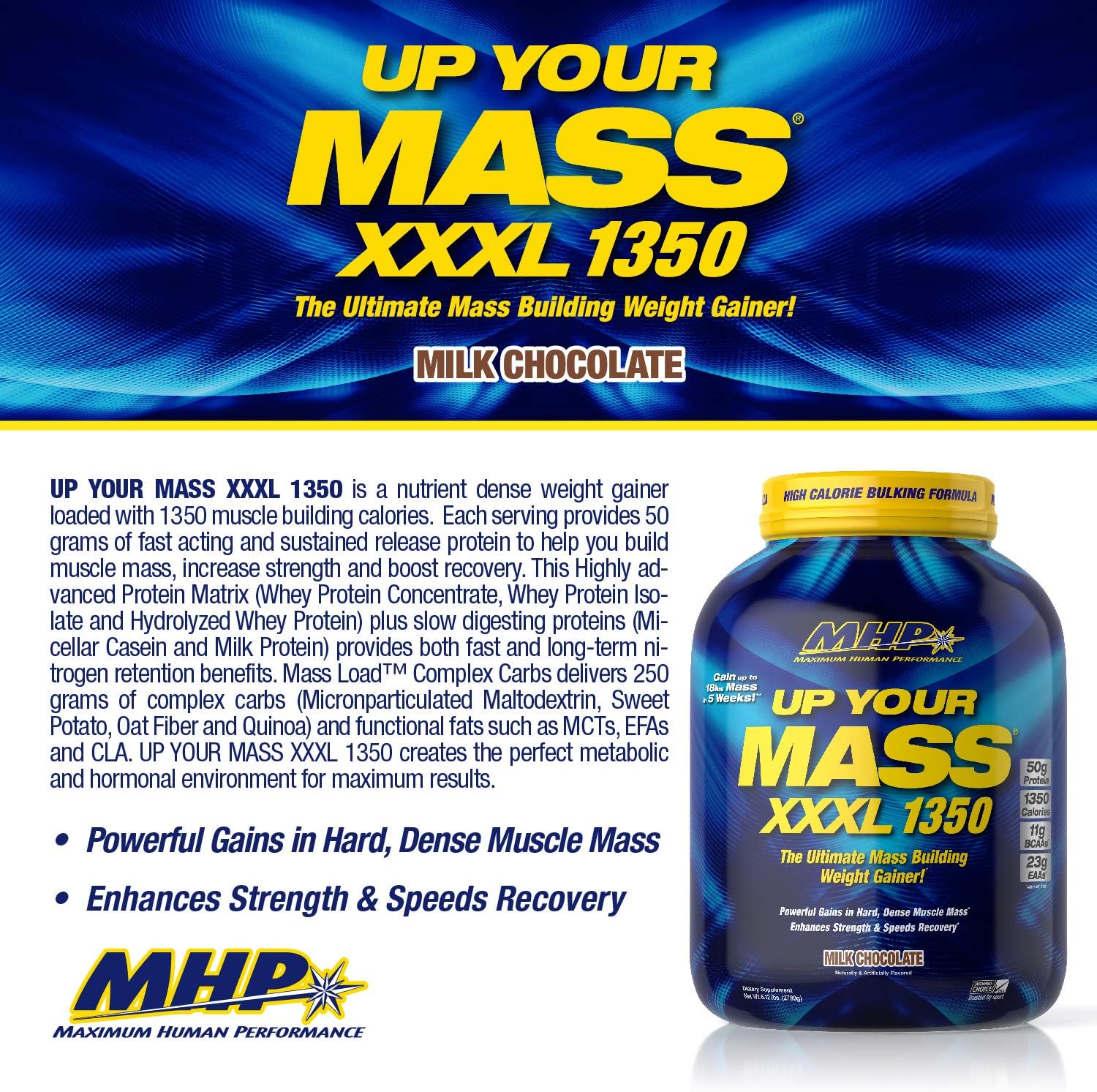 MHP UYM XXXL 1350 Mass Building Weight Gainer - 50g Protein, High Calorie, 11g BCAAs - Milk Chocolate - 8 Servings