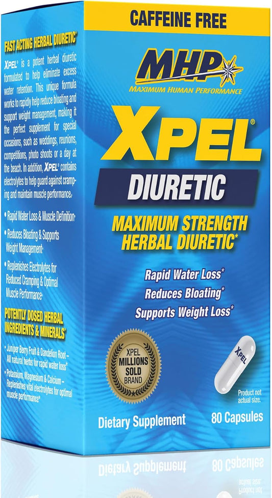 MHP Xpel Maximum Strength Diuretic Water Pills - Caffeine-Free Relief for Water Retention - 80 Capsules