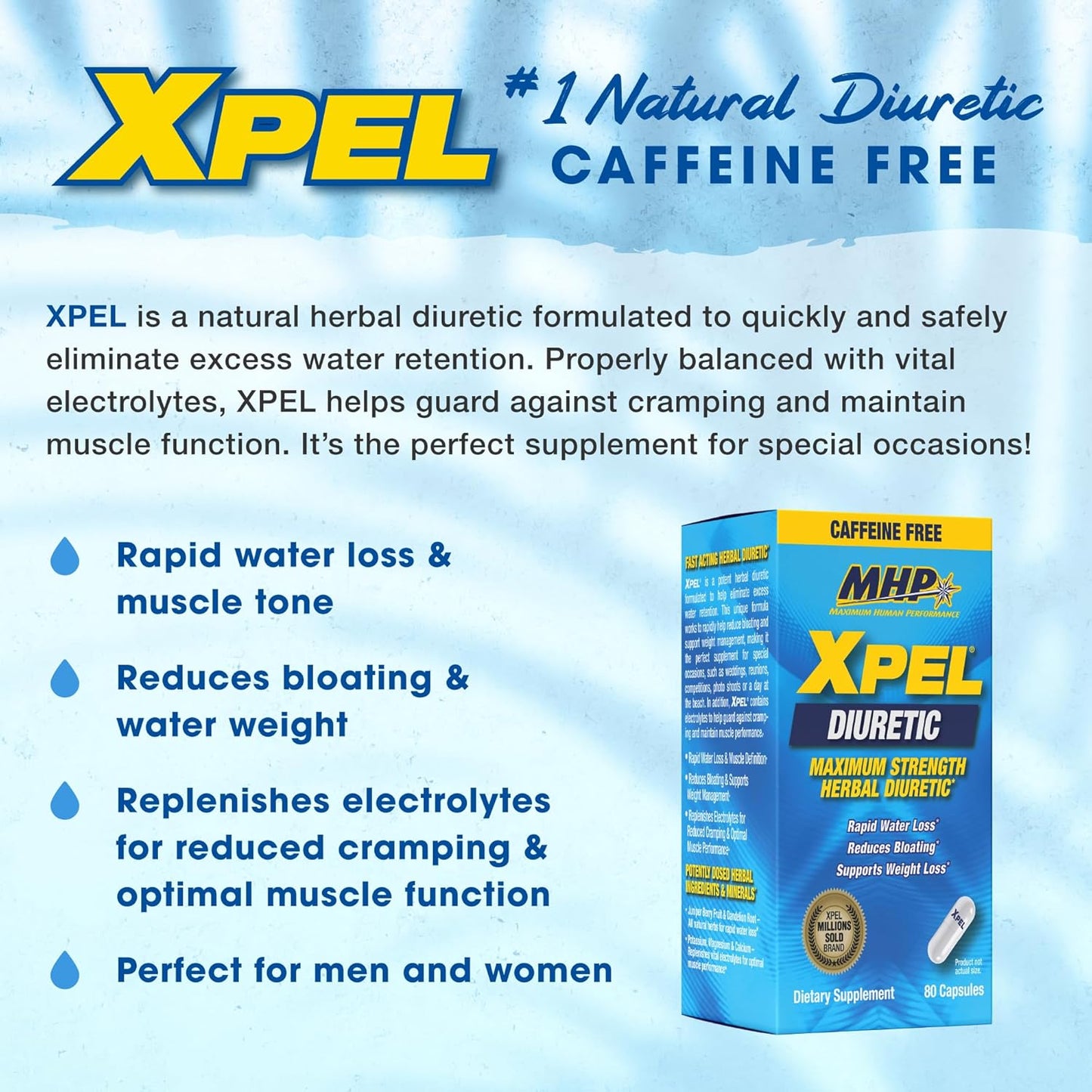 MHP Xpel Maximum Strength Diuretic Water Pills - Caffeine-Free Relief for Water Retention - 80 Capsules