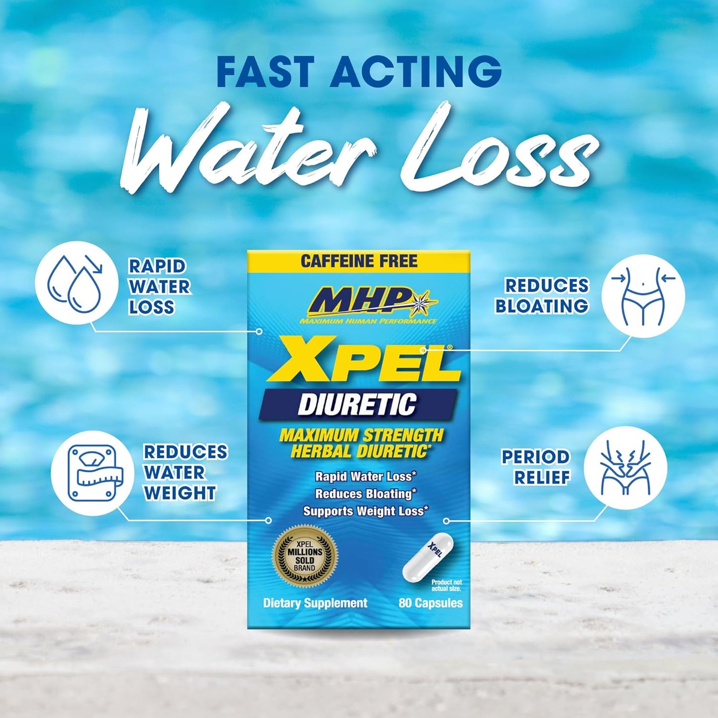 MHP Xpel Maximum Strength Diuretic Water Pills - Caffeine-Free Relief for Water Retention - 80 Capsules