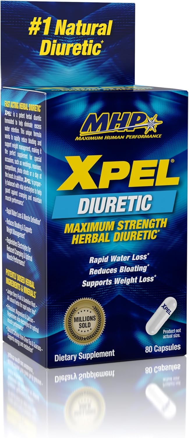 MHP Xpel Maximum Strength Diuretic Water Pills - Water Retention Relief, Weight Loss Support - 80 Capsules with Vitamin B-6, Potassium, Dandelion Root