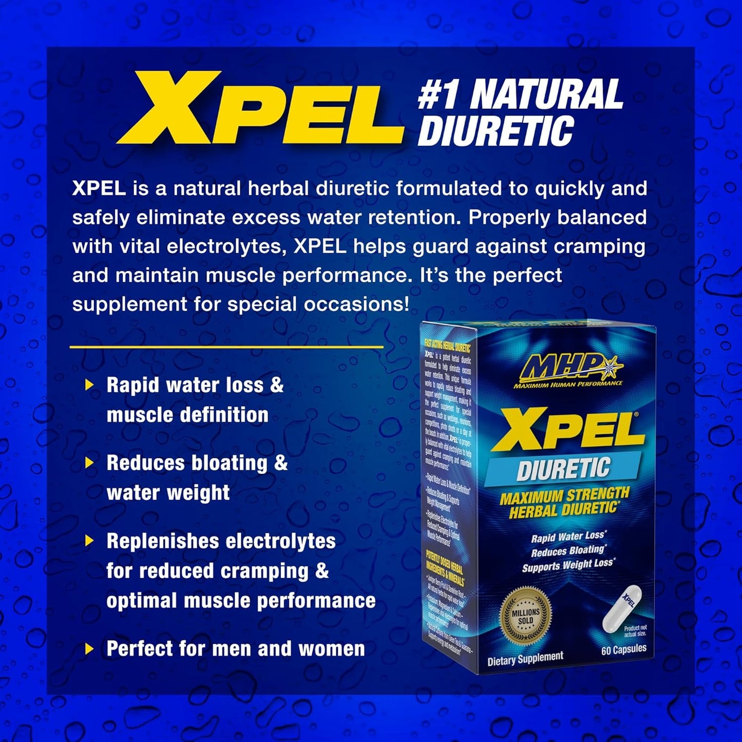 MHP Xpel Maximum Strength Diuretic Water Pills - Water Retention Relief, Weight Loss Support - 80 Capsules with Vitamin B-6, Potassium, Dandelion Root