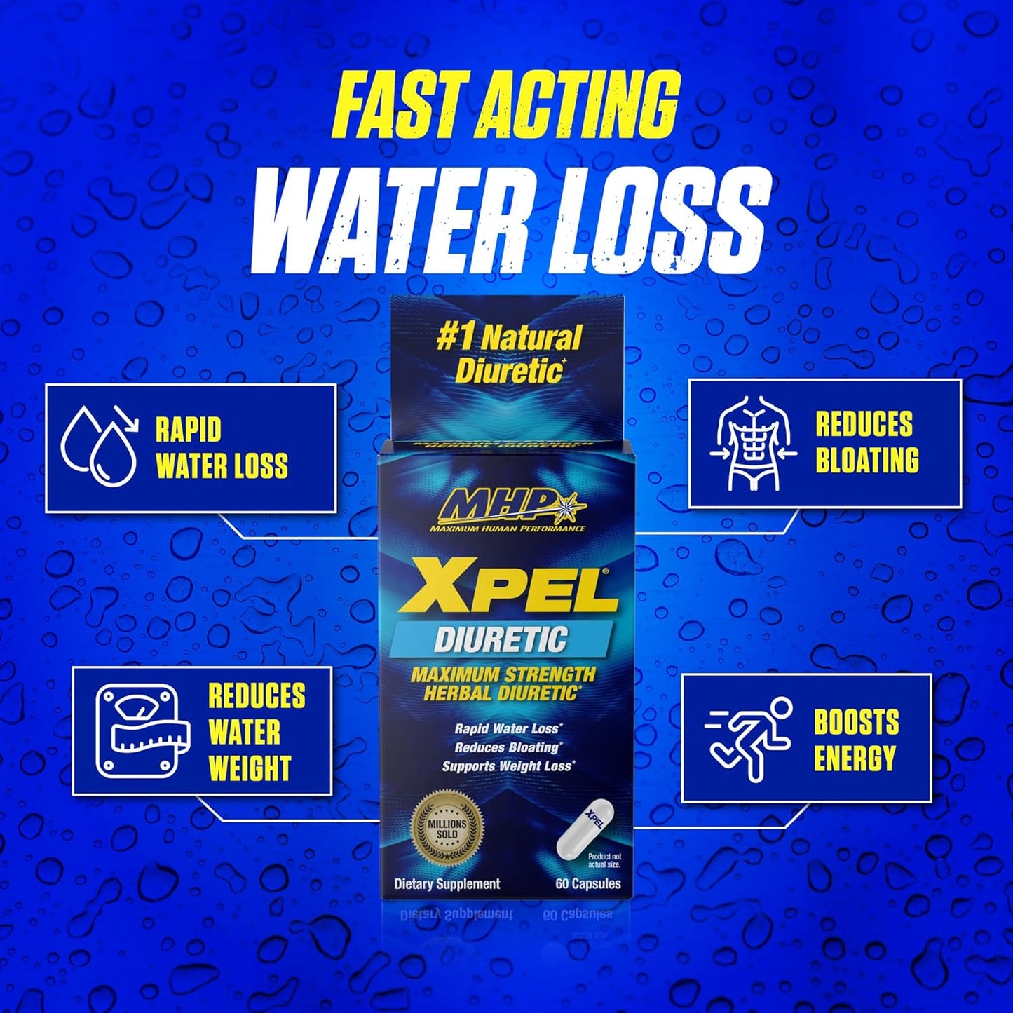 MHP Xpel Maximum Strength Diuretic Water Pills - Water Retention Relief, Weight Loss Support - 80 Capsules with Vitamin B-6, Potassium, Dandelion Root