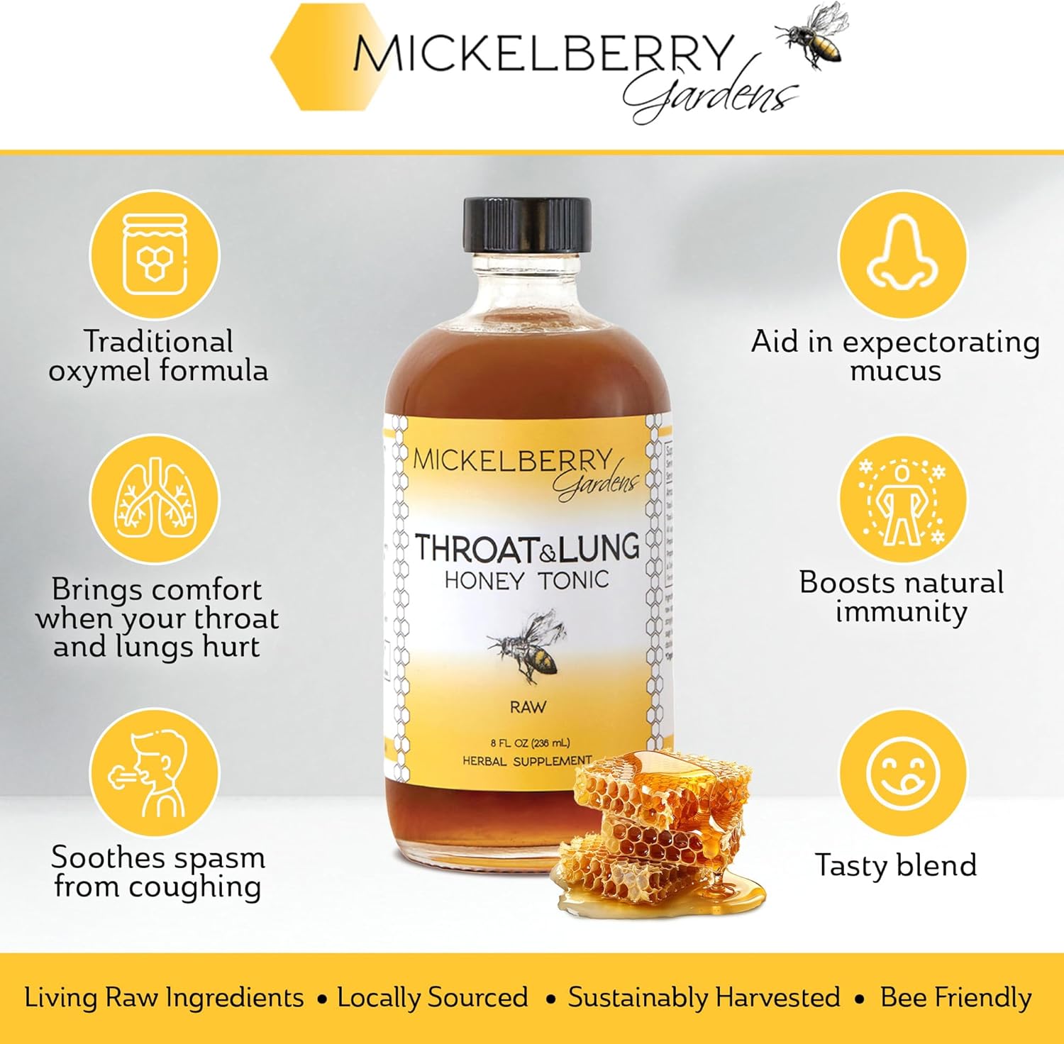 Mickelberry Gardens Throat & Lung Honey Tonic: Natural Wellness Syrup for Sore Throat Relief, Immune Support, and Cough Suppressant (4 oz)