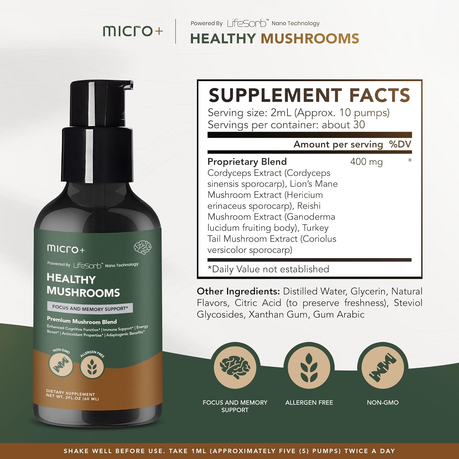 Micro+ Nootropic Brain Supplement with LifeSorb - Health Mushroom+ for Focus, Memory, Cognitive Boost