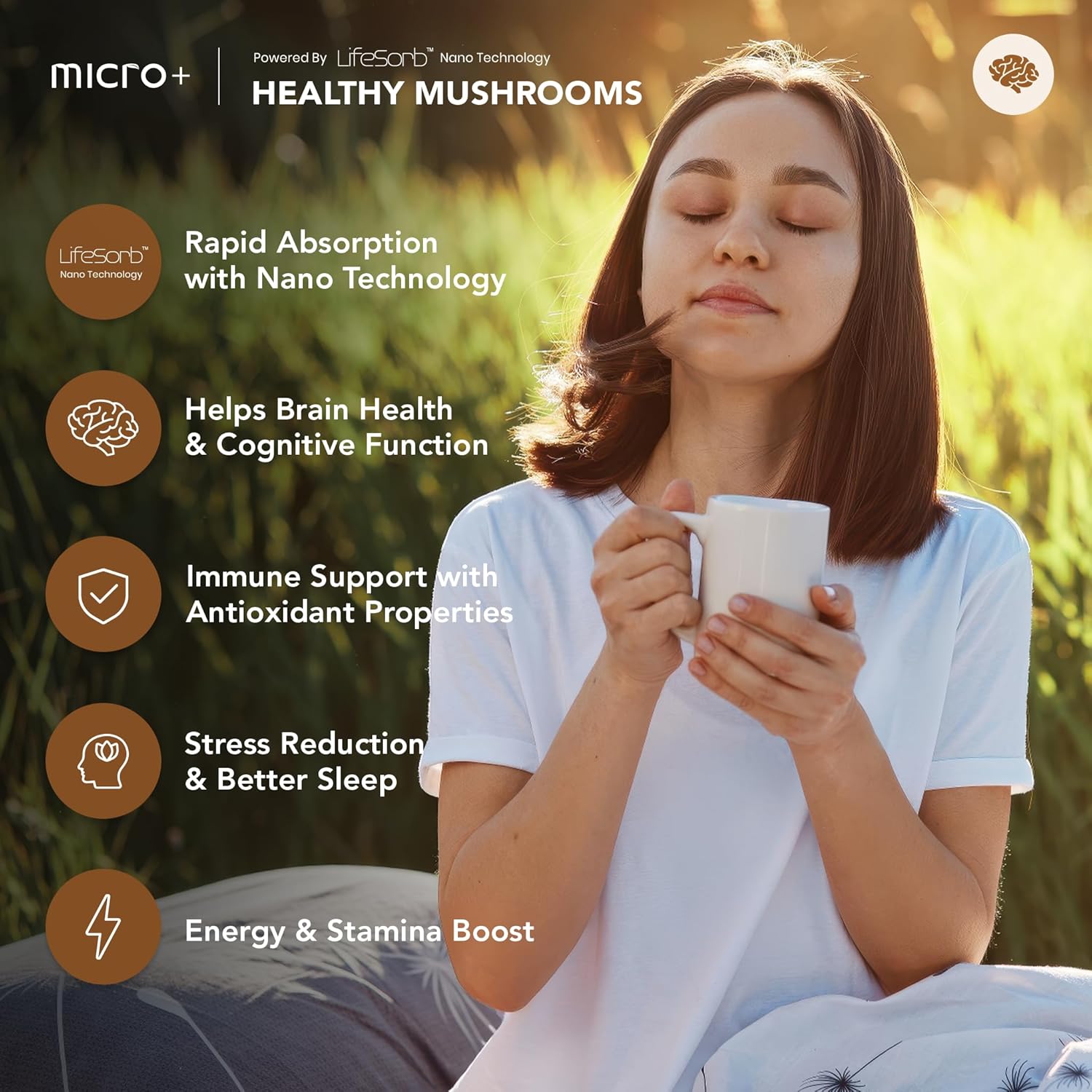 Micro+ Nootropic Brain Supplement with LifeSorb - Health Mushroom+ for Focus, Memory, Cognitive Boost