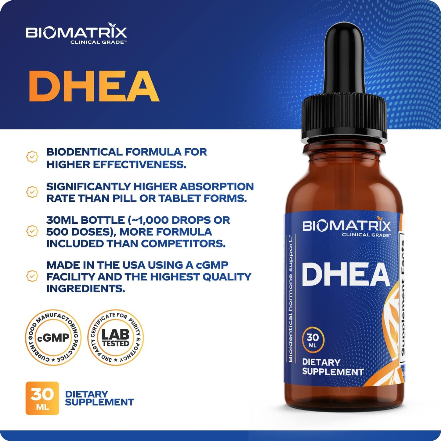 Micronized BioMatrix DHEA Liquid Supplement (30 ML) - Supports Adrenal, Brain, Heart, Bone - High Absorption and Precision Dosing
