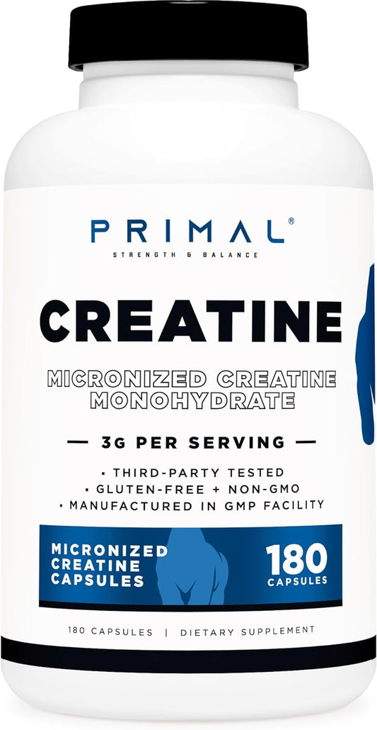 Micronized Creatine Monohydrate Capsules - 180 Caps (750mg Each) for Preworkout & Recovery - Gluten-Free, Non-GMO Formula