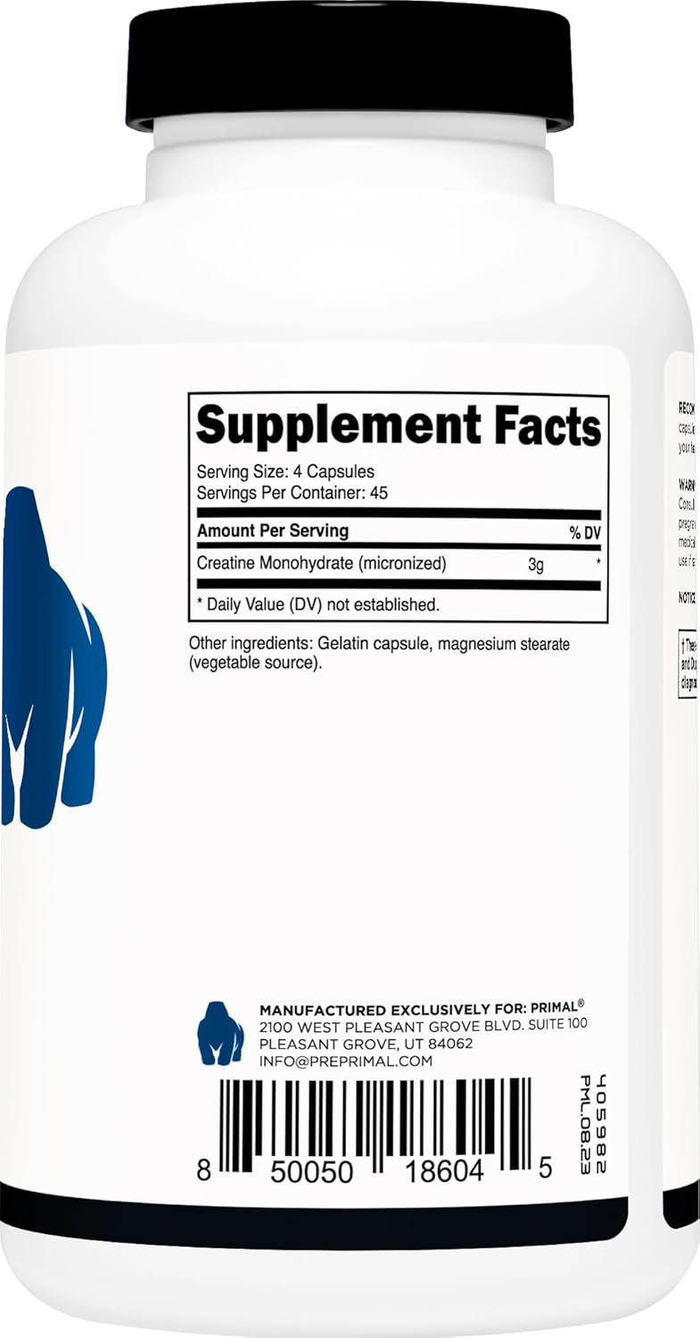 Micronized Creatine Monohydrate Capsules - 180 Caps (750mg Each) for Preworkout & Recovery - Gluten-Free, Non-GMO Formula