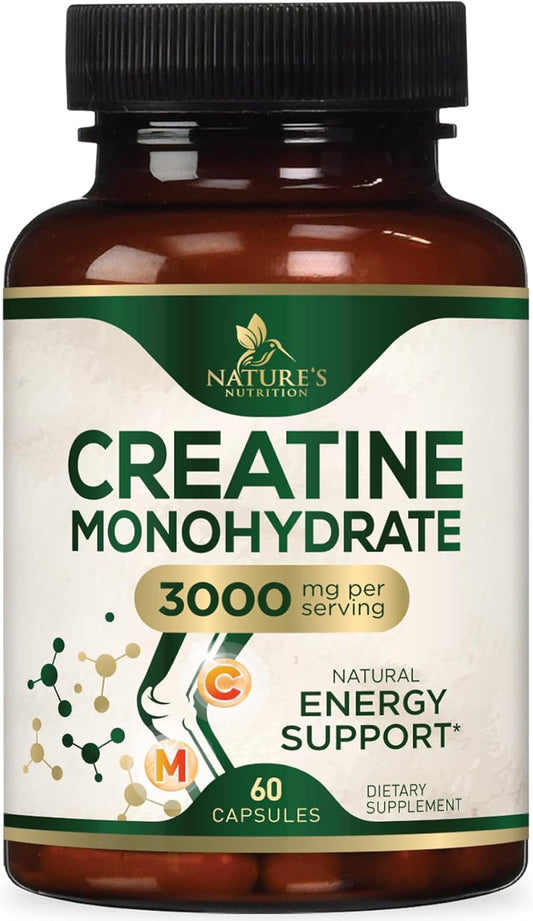 Micronized Creatine Monohydrate Capsules - 3,000mg Strength & Endurance Support - Non-GMO Gluten Free - 60 Capsules for Lean Muscle - Unflavored Tablets for Women & Men