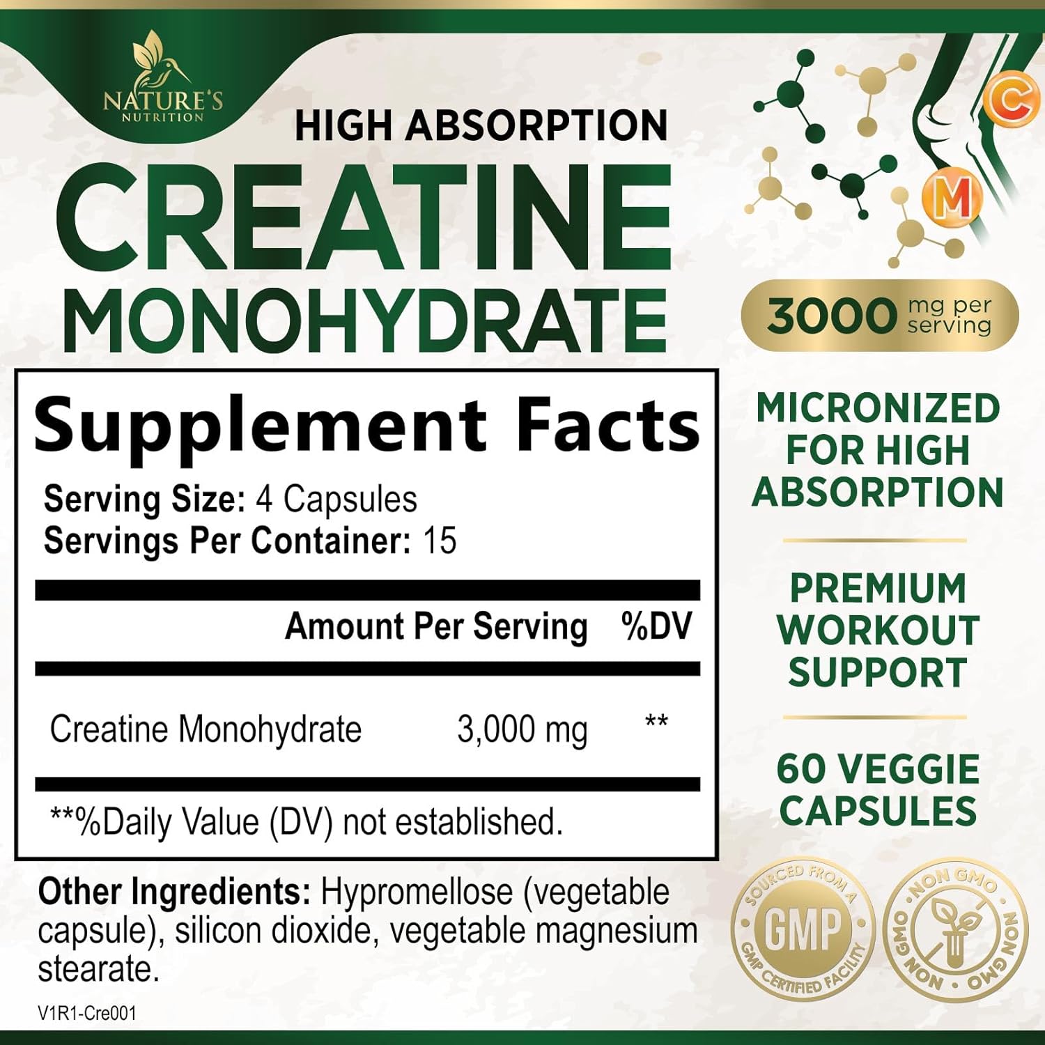Micronized Creatine Monohydrate Capsules - 3,000mg Strength & Endurance Support - Non-GMO Gluten Free - 60 Capsules for Lean Muscle - Unflavored Tablets for Women & Men