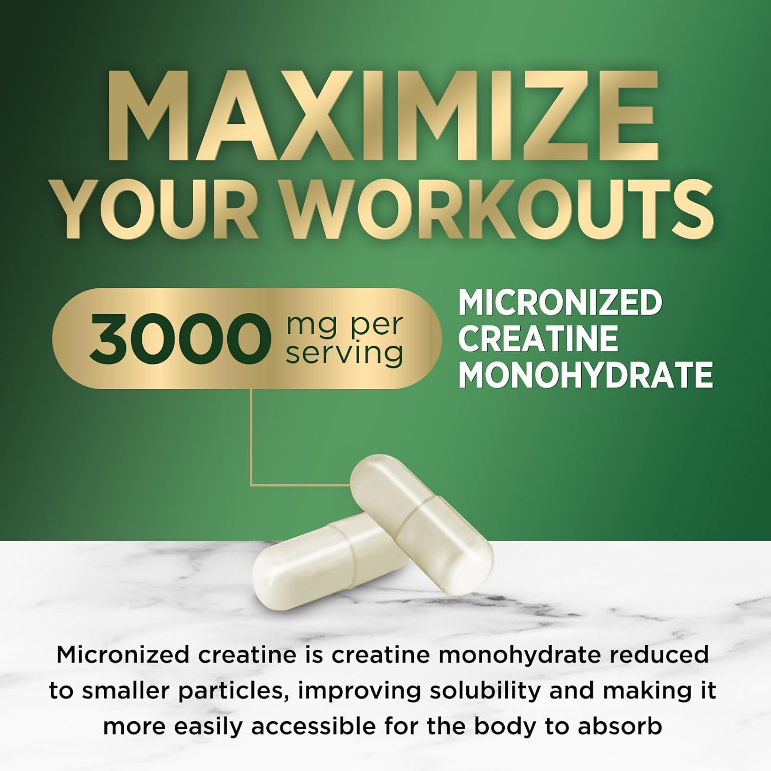 Micronized Creatine Monohydrate Capsules - 3,000mg Strength & Endurance Support - Non-GMO Gluten Free - 60 Capsules for Lean Muscle - Unflavored Tablets for Women & Men