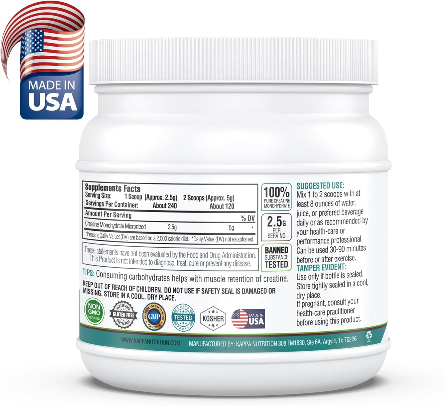 Micronized Creatine Monohydrate Powder - 2.5g per Serving (240 Servings) by KAPPA NUTRITION