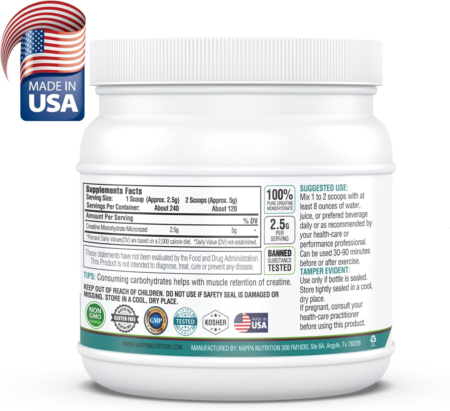 Micronized Creatine Monohydrate Powder - 2.5g per Serving (240 Servings) by KAPPA NUTRITION