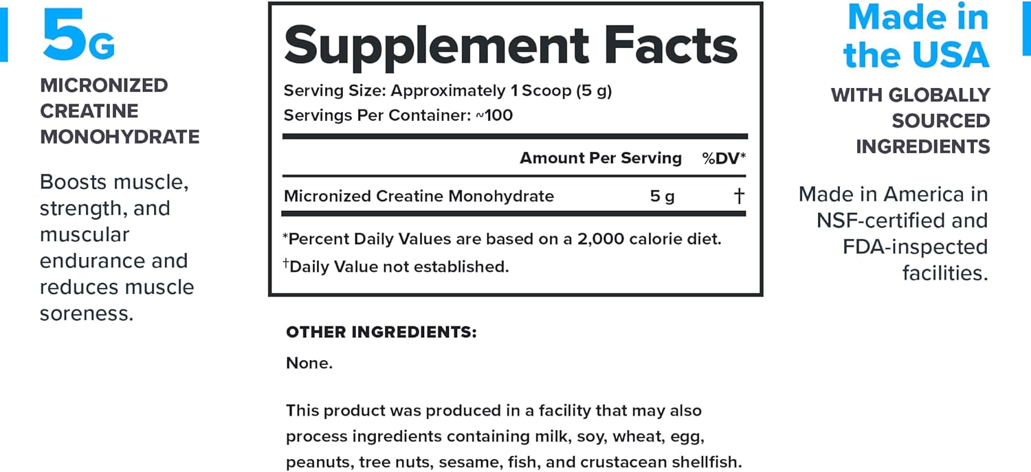 Micronized Creatine Monohydrate Powder for Muscle Gain & Recovery - 100 Servings, Unflavored - High Absorption Creatine Supplement