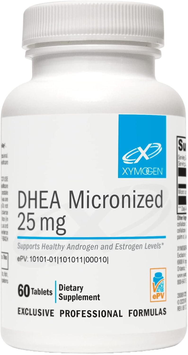 Micronized DHEA 25mg Supplement for Balanced Androgen and Estrogen Levels + Adrenal Support - 60 Tablets, XYMOGEN DHEA for Men and Women