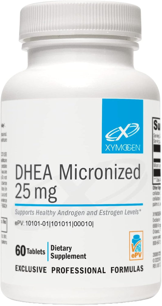 Micronized DHEA 25mg Supplement for Balanced Androgen and Estrogen Levels + Adrenal Support - 60 Tablets, XYMOGEN DHEA for Men and Women