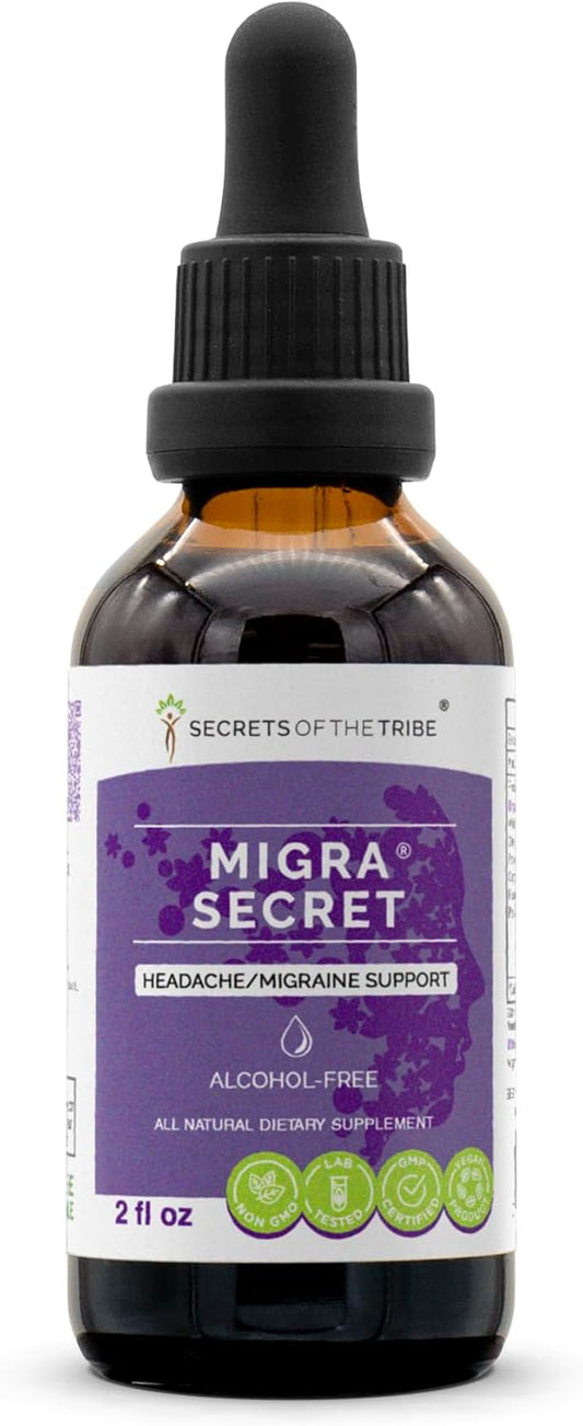 Migra Secret Herbal Supplement Blend Drops for Headache/Migraine Support - Secrets of the Tribe Alcohol-Free Liquid Extract (2 fl oz)