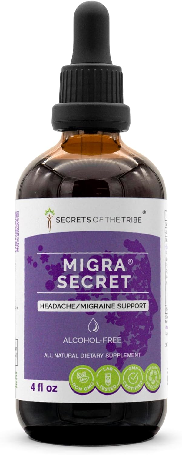 Migra Secret Herbal Supplement Drops - Headache/Migraine Support, Alcohol-Free Liquid Extract (4 fl oz) by Secrets of the Tribe