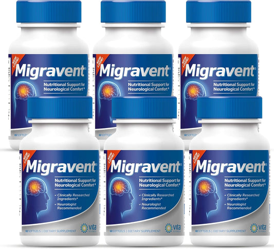 Migravent Migraine Relief Supplement with Vitamin B2, Riboflavin, Magnesium, Coenzyme CoQ10, PA-Free Butterbur, Bioperine - Pack of 6 (60 Count) by Vita Sciences