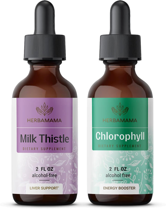 Milk Thistle and Chlorophyll Herbal Liquid Drops Bundle - Vegan Supplement Extract Kit - Non GMO, Sugar & Alcohol-Free - 2 fl oz (Pack of 2)
