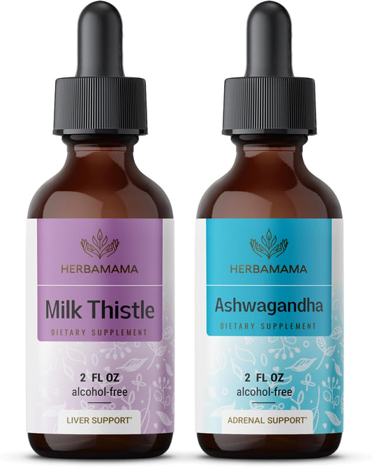 Milk Thistle & Ashwagandha Herbal Liquid Drops Kit - 2 fl oz Bundle - Vegan, Non-GMO, Sugar & Alcohol-Free - 2 Pack