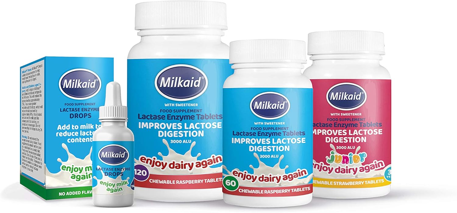Milkaid Junior Chewable Lactase Enzyme Tablets for Kids - Strawberry Flavor, 60 ct - Fast-Acting Dairy Digestive Supplement to Prevent Gas, Bloating, Diarrhea in Children with Lactose Intolerance