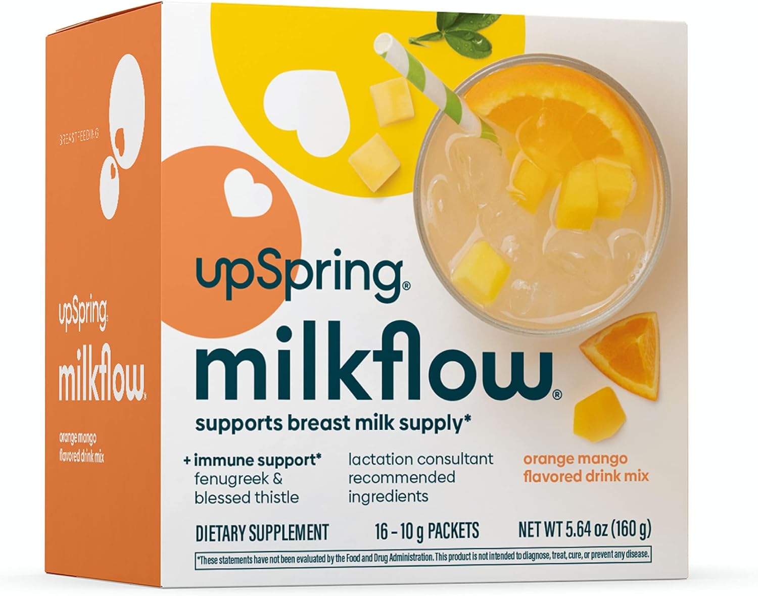 Milkflow Immune Support Breastfeeding Drink Mix with Fenugreek - Orange Mango Flavor - 16 Packets - Boost Breast Milk Supply