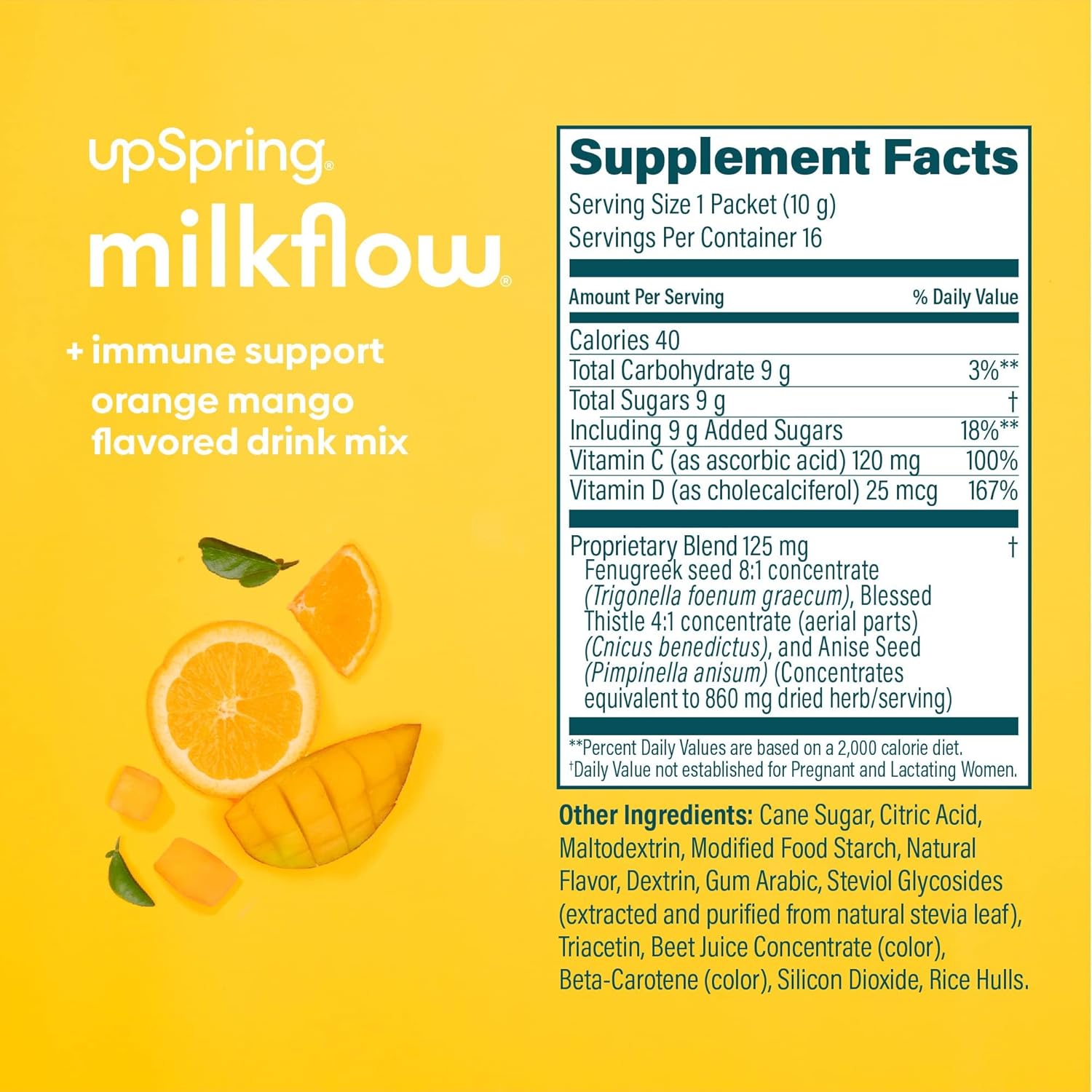 Milkflow Immune Support Breastfeeding Drink Mix with Fenugreek - Orange Mango Flavor - 16 Packets - Boost Breast Milk Supply