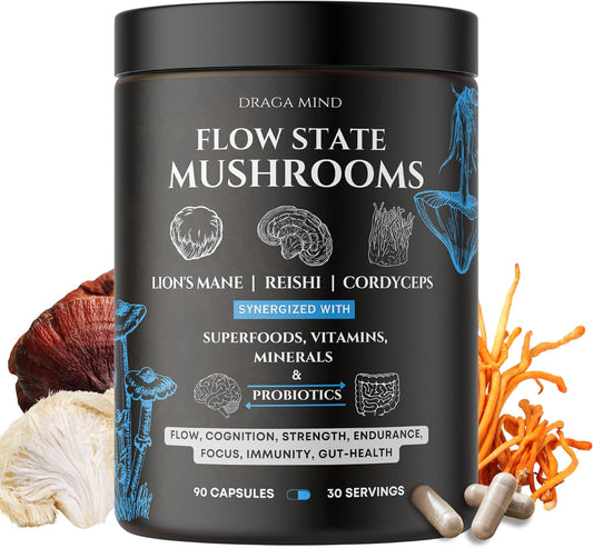 Mind Flow Mushroom Complex with Cordyceps, Lions Mane, and Reishi Extract, Super Foods, Vitamins, and Minerals - Includes Shilajit, Ashwagandha, Astaxanthin, Vitamin D3 + K2, and Magnesium L Threonate