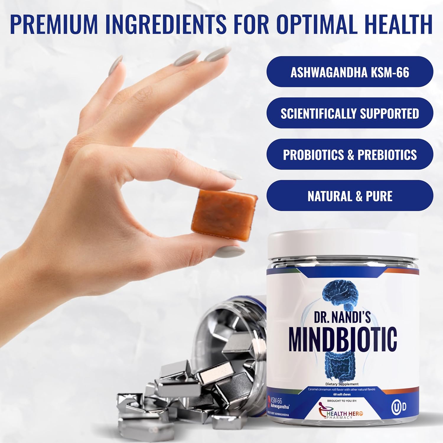 MindBiotic Brain Health Supplement with Probiotics, Prebiotics, and Ashwagandha - Supports Memory, Focus, Gut-Brain Connection - 60 Chews