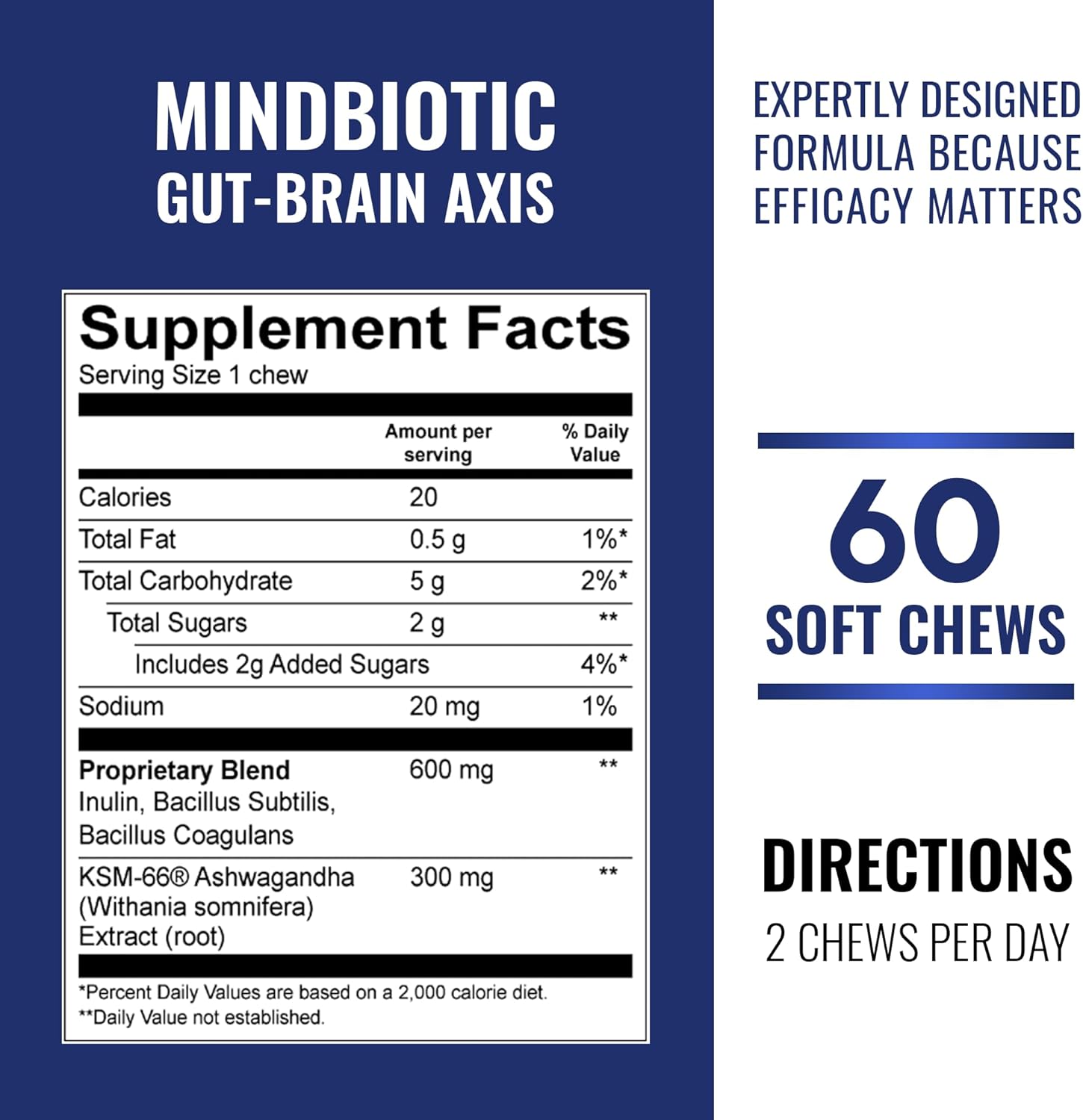 MindBiotic Brain Health Supplement with Probiotics, Prebiotics, and Ashwagandha - Supports Memory, Focus, Gut-Brain Connection - 60 Chews