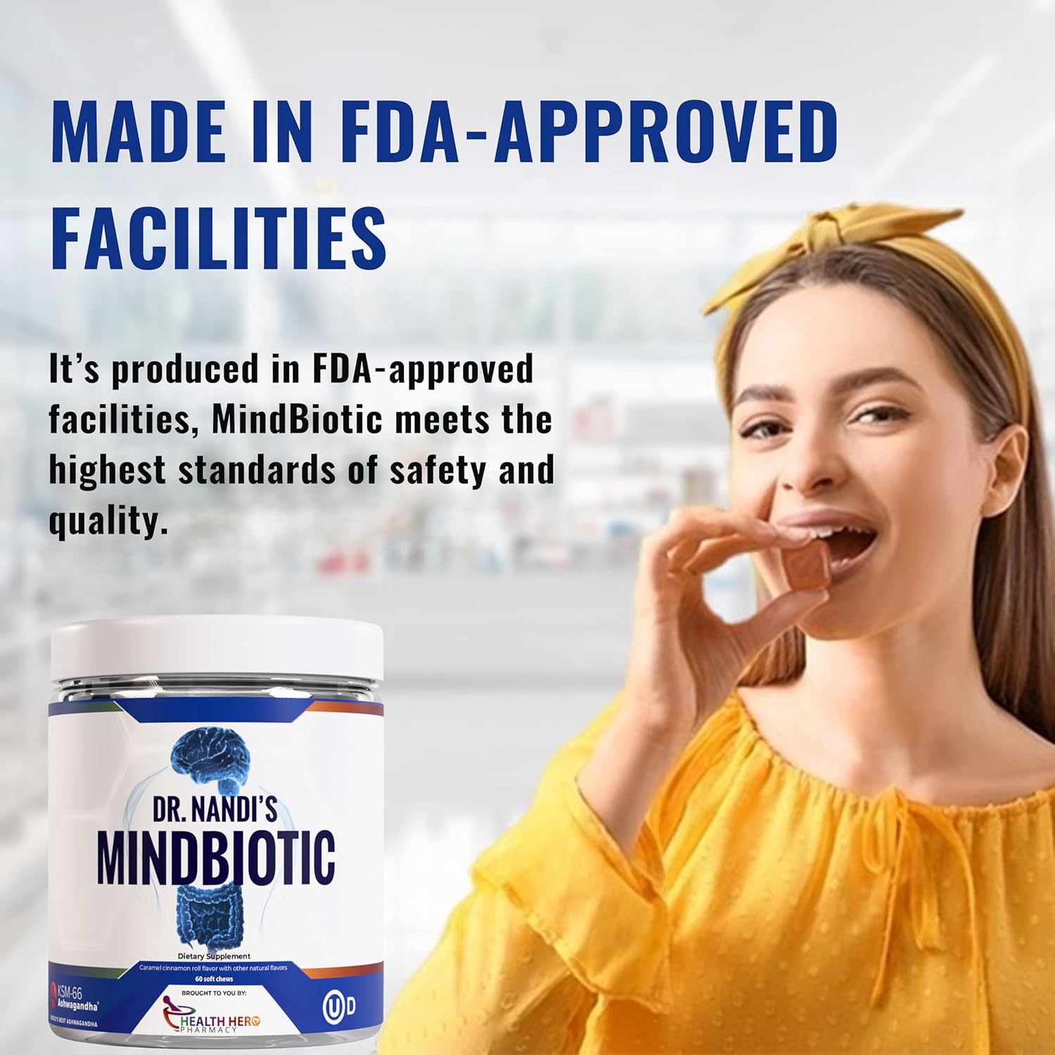 MindBiotic Brain Health Supplement with Probiotics, Prebiotics, and Ashwagandha - Supports Memory, Focus, Gut-Brain Connection - 60 Chews