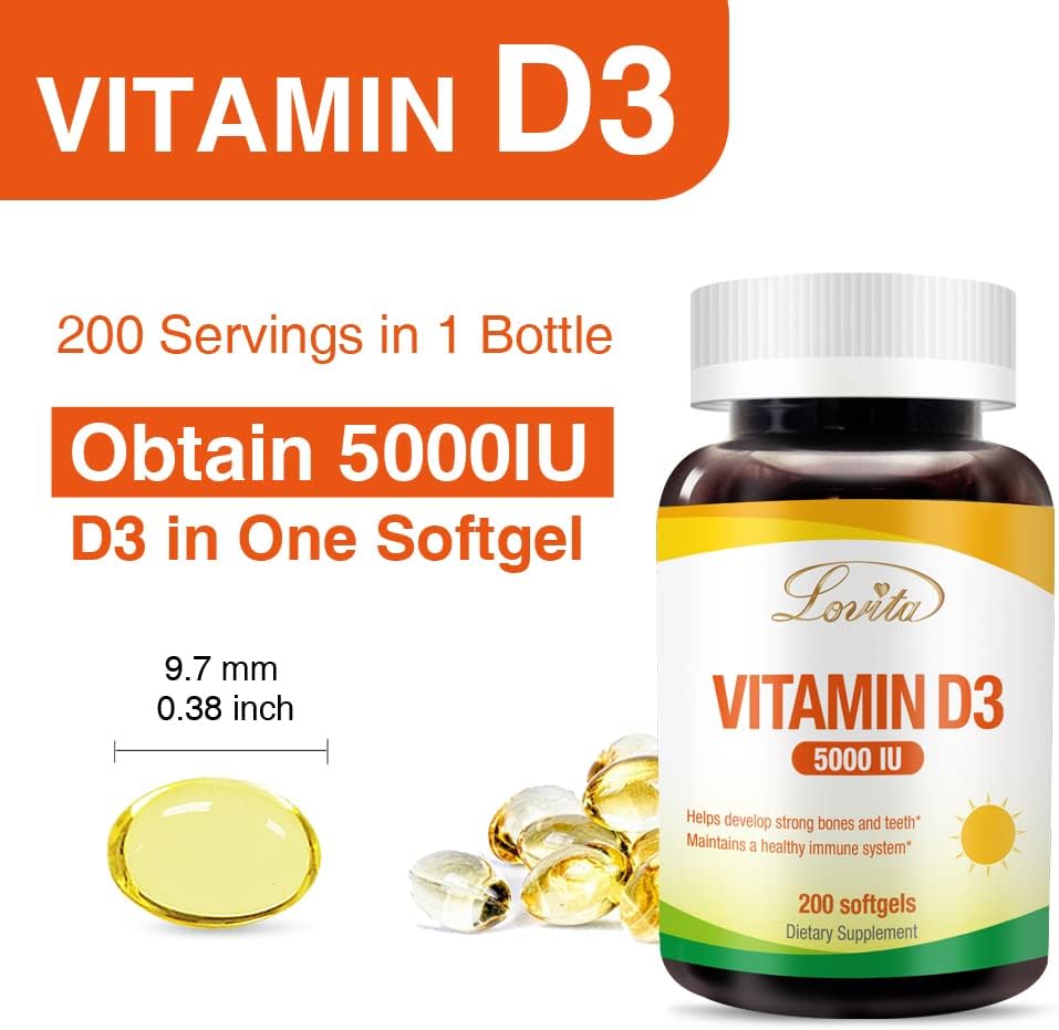 Mini-Size Lovita Vitamin D3 5000 IU Softgels for Bone, Teeth, Muscle, and Immune Health - 200 Count x 2 Pack, Easy to Swallow, Gluten Free