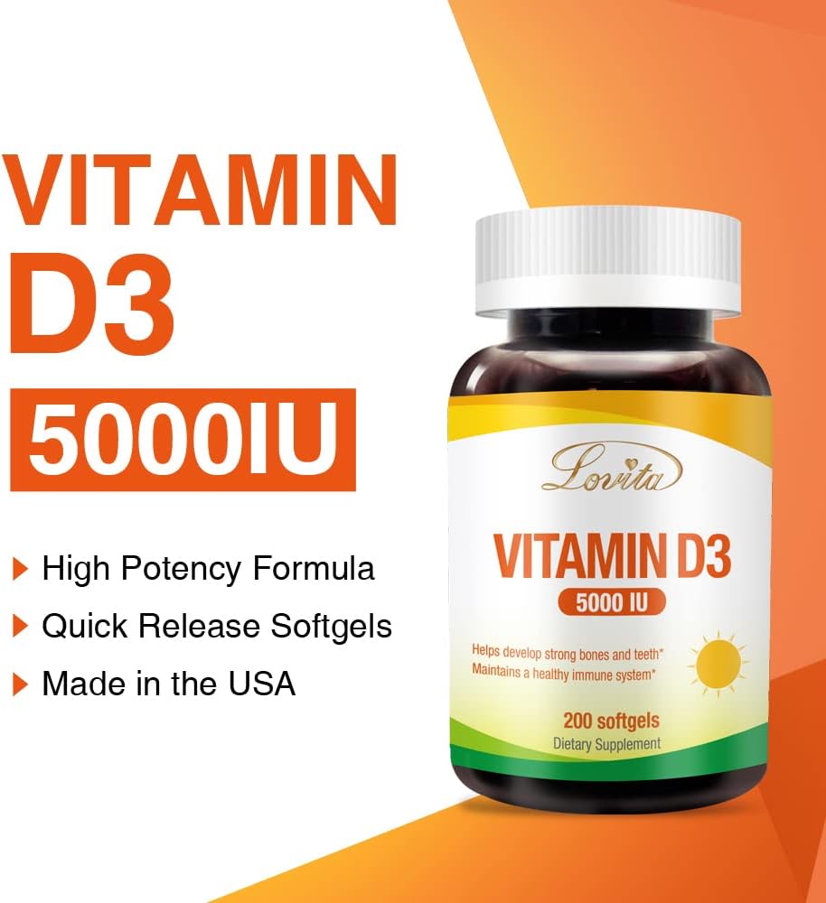 Mini-Size Lovita Vitamin D3 5000 IU Softgels for Bone, Teeth, Muscle, and Immune Health - 200 Count x 2 Pack, Easy to Swallow, Gluten Free
